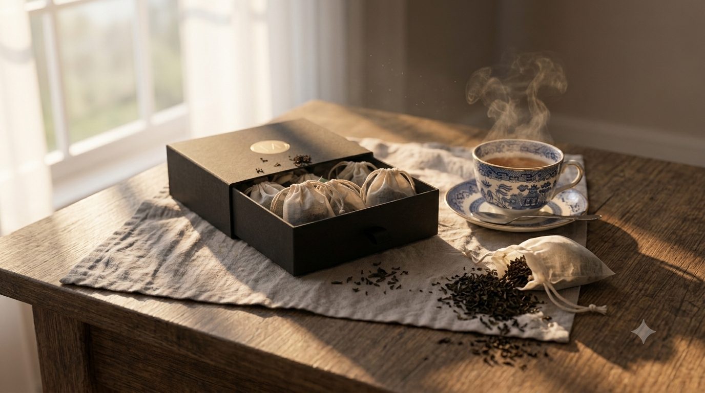 Meridiana loose leaf tea gift box with muslin sachets, presented for hotel and corporate gifting