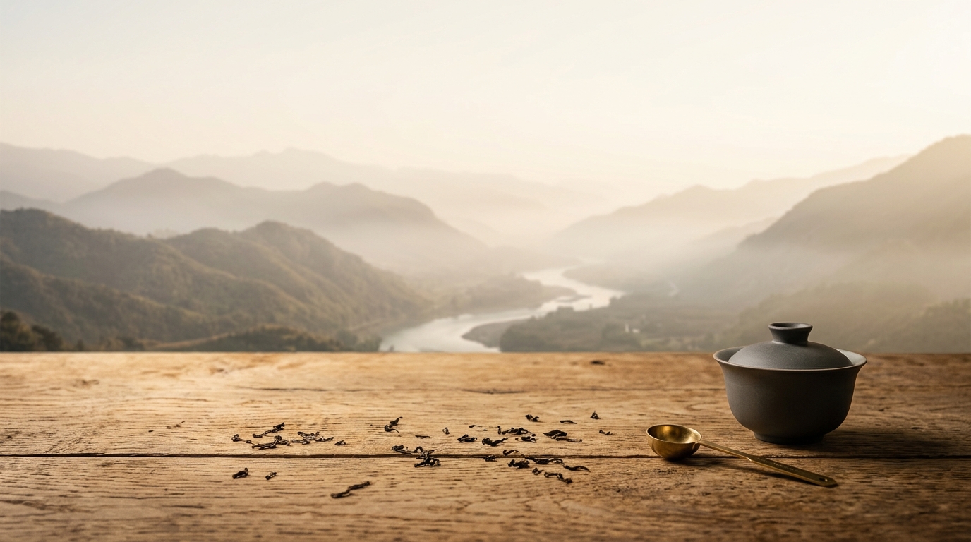 Loose tea leaves, a ceramic gaiwan, and a brass measuring scoop on a wooden table, with misty tea-growing mountains in the background — Meridiana, a curated loose leaf tea house